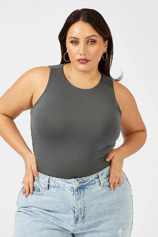 Grey Bodysuit Sleeveless Crew Neck Supersoft