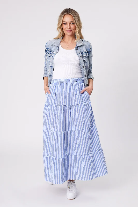 Shine On Label Gabrielle Striped Tiered Skirt Blue White