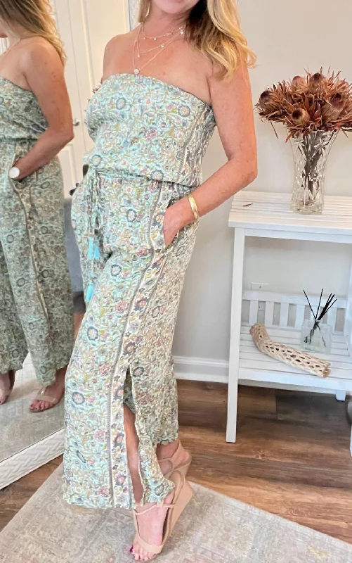 Strapless Jumpsuit In Floral Turquoise