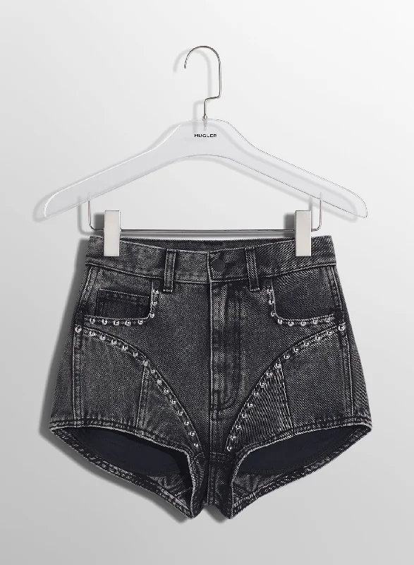 washed black denim studded shorts